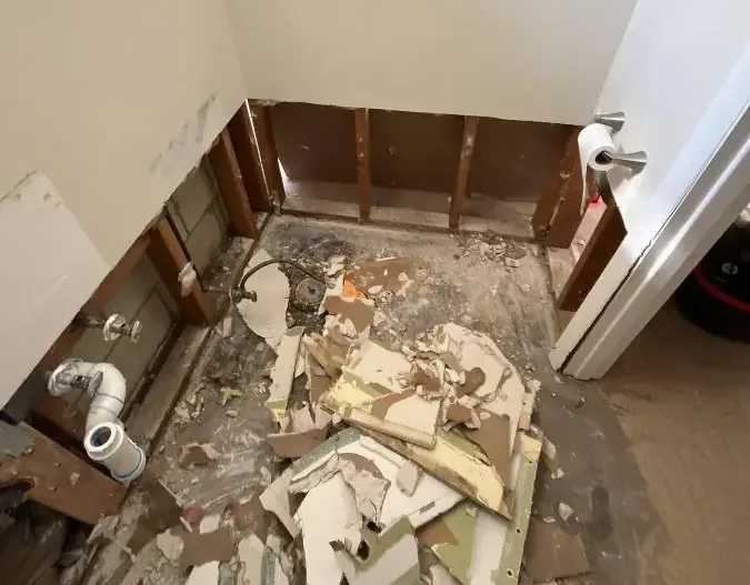 Bathroom taken down to the studs after a sewage backup
