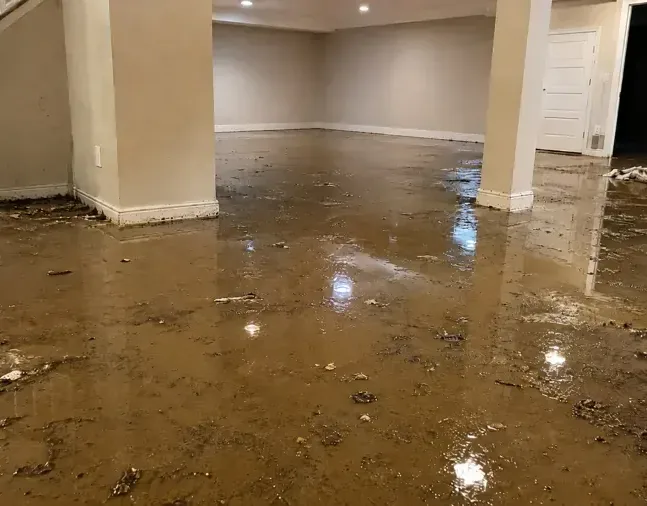 Standing water spread across a finished lower level