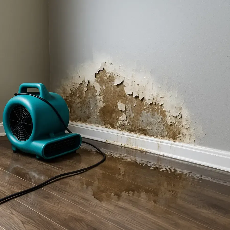 Wet hardwood floor and peeling wall with an air mover