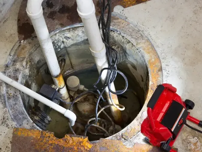 Basement sump pit and discharge piping with an air mover drying the floor beside it