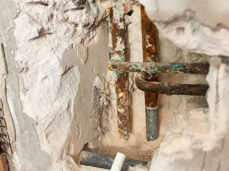 Corroded copper supply pipes exposed inside an opened wall after a failure