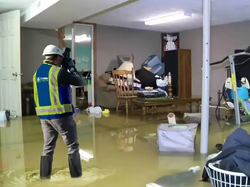 Worker in a reflective vest wading through floodwater in a furnished basement