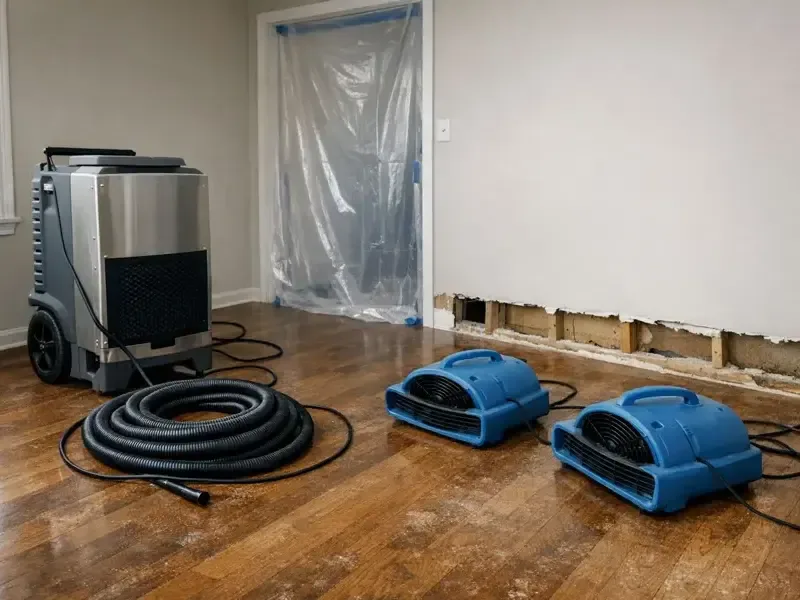 Dehumidifier and air movers drying wall cavities opened along the base